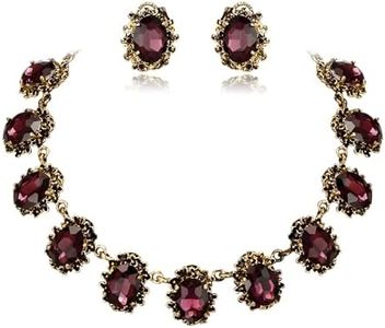 BriLove Victorian Style Statement Necklace Pierced Earrings Jewelry Set for Women Crystal Floral Cameo Inspired Oval Earrings Amethyst Color Antique-Gold-Tone