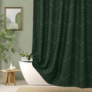 TURKIO 96inch Extra Long Dark Green Boho Shower Curtain Woven Fabric Shower Curtain Tufted Chervon Textured Shower Curtains Modern Minimalist Shower Curtains for Bathroom