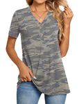 BISHUIGE Womens Henley Tunic Tops Button Up T-Shirts Short Sleeve Casual V-Neck Blouses, L, Camo Army Green