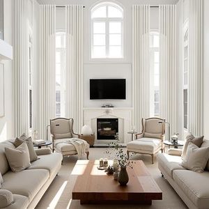 Jowels Extra Long Linen Curtains for High Living Room,Grommet 216 Inch Curtains Custom Made High Ceiling 2 Story Drapes Semi Sheer Curtain for Bedroom Loft Sliding Door(2 Panels,W52 X L216,Cream)