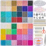 HONGTEYA 35000 Pcs Glass Seed Beads, 48 Colors Seed Beads for Jewelry Making Kit with Letter Beads 0.5mm Elastic String, for DIY Bracelets Necklaces Jewellery Making Kit (2mm)