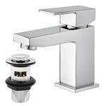 Square Basin Mixer Taps with Waste, BATHWEST Chromed Brass Square Bathroom Sink Taps with Drain 492N