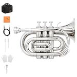 Eastar Standard Pocket Trumpet B Flat, Nickel Plated Mini Trumpet with Hard Case, Gloves, 7 C Mouthpiece, Cleaning Kit, ETR-330N