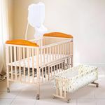 BAYBEE Crolla 3 in 1 Wooden Cradle for New Born Baby | Convertible Bedside Crib with 360° Wheels, Mosquito Net, & Storage | Swing Cradle for Babies | Infants Bassinet for Baby Sleeping (Natural)