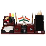 Brown Leather Multipurpose Desk Organizer Pen Stand Holder With Calculator Watch Flag For Office Table Top With Mobile Holder (17.25x6 Inches)