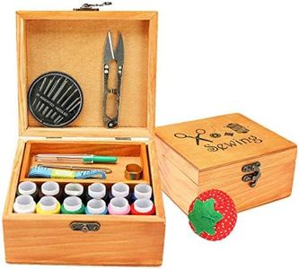 Sewing Kit, Wooden Sewing Kit Box for Adults, Wooden Sewing Basket with Accessories, Home Sewing Basket Stitching Repair Kit for Beginner, Women, Men (Brown)