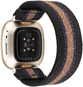 TOYOUTHS Compatible with Fitbit Sense/Sense 2/Versa 3/Versa 4 Bands Women Men Dressy Elastic Nylon Fabric Strap Stretchy Sport Wristband Replacement for Fitbit Versa 4, Black Blue Gold Stripe/Large