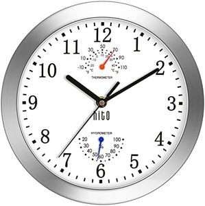 HITO 10 Inch Silent Wall Clock Battery Operated Non Ticking Glass Cover Silver Aluminum Frame, for Kitchen, Bedroom, Home Office, Living Room Decor (White)