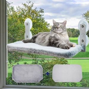 Cat Window Perch,Cordless Cat Window Hammock,Foldable Cat Hammock for Window Seat with 4 Suction Cups and 2 Cozy Pad Bed Cover for Indoor Cats,Cat Perch Beds for Large Medium Cats Resting(Grey)