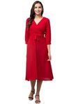 Fruba Women Solid Belted Midi Dress (L, RED)