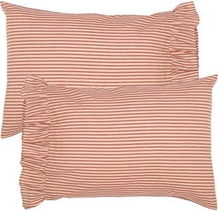 VHC Brands Sawyer Mill Ticking Striped Cotton Farmhouse Standard Bedding Accessory, Pillowcase Set 21x30, Red Country