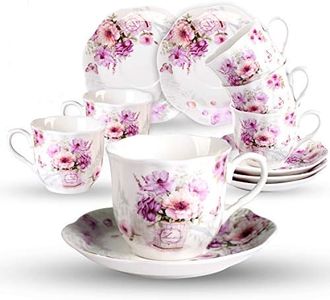 GuangYang Elegant Tea Cups and Saucers Set of 6 – 7 oz Floral Porcelain Teacup Set for Women – Microwave & Dishwasher Safe – Ideal Gift for Tea Lovers