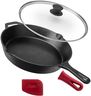 Cuisinel Cast Iron Skillet with Lid - 12"-Inch Frying Pan + Glass Cover + Silicone Handle Holder - PFAS and PFOA-free Pre-Seasoned Oven Safe Cookware - Indoor/Outdoor Use - Grill, BBQ, Fire, Stovetop