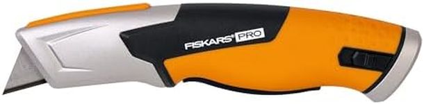 Fiskars Pro Safety Utility Knife with Retractable Blade, Length 17.7 cm, Stainless Steel/Plastic, Black/Orange, CarbonMax, 1062938