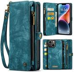 SWP Case for iPhone 14, Wallet Case w/Magnetic Detachable Cover [8 Card Slots] Clutch Wallet w/Wristlets Money Pocket for iPhone 14 (Teal)