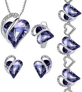 Leafael Infinity Love Heart Necklace, Stud Earrings, Bracelet, and Ring Set, February Birthstone Crystal Jewelry, Silver Tone Gifts for Women, Tanzanite Purple