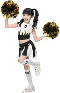 LOLANTA Big Girls' Halloween Cheerleader Costume Pleated Skirt Set Cheer Outfit with Pom Pom(Black, 14-16)
