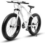 Omelaza 26 Inch Fat Tire Mountain Bike with Dual Disc Brakes, 4 Inch Wide Tires with 21 Speeds, High-Carbon Frame, Mountain Bicycle for Men and Women, Front Suspension Beach Bike for Adult White