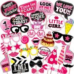 WOBBOX First Birthday Photo Booth Party Props Pink for Baby Girl, 1st Birthday Decorations for Girl, Kids Birthday Party Decoration Items