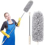 Microfiber Feather Duster Long Handle Ceiling for Dust Cleaning Extendable Pole 30-100 Inch High Cobweb Stick - Steel,Grey Bendable & Washable for Fans, Window, Furniture, Anti Scratch Head (2)