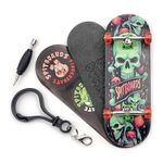 SPITBOARDS 32 x 96 mm Fingerboard Complete Wood Set-Up Assembled, 5-Layers, Silver Trucks with Bushings and Nuts, Transparent CNC Bearing Wheels, Lasered Foam Grip Tape, Orange Green Skull