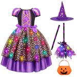 LOYO Witch Costume Kids, Light Up Children Witch Costume Girls Halloween Costume Fancy Dress for 4 5 6 7 8 9 10 11 Years Old Toddler Girls