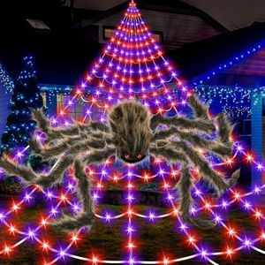 Halloween Decorations Outdoor, 450 LED16.4FT Big Spider Web Purple & Orange Lights with Giant 6.5FT Spider, Lighted Triangular Spider Web, Waterproof, Timer, Light up with 8 Modes for Yard Décor