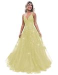 Lace Appliques V Neck Glitter Tulle Prom Dresses for Teens Sparkly Evening Formal Dresses A Line Ball Gowns for Women, Light Yellow, Large