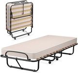 COSTWAY Folding Bed with Memory Foam Mattress, Portable Foldable Rollaway Guest Bed on Wheels, Metal Frame Slatted Compact Single Fold up Bed Office Camp Sleeper for Adults, 190x80cm, Beige
