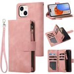 RANYOK Wallet Case for iPhone 15 (6.1 inch) with RFID Blocking Credit Card Holder, Premium PU Leather [Zipper Pocket] Flip Folio Case Wallet with Wrist Strap Kickstand Protective Case (Pink)