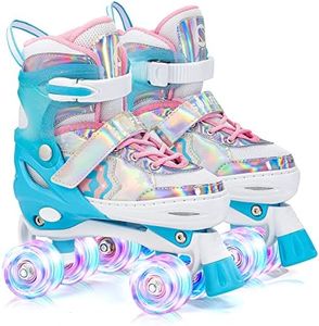 SULIFEEL Unicorn Girls and Boys Adjustable Roller Skates for Kids with Light up Wheels Blue Small