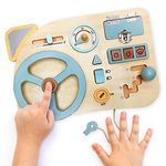 LA·LA · LLAMA Montessori Toy Steering Wheel - Car Driving Toddler Busy Board - Wooden Sensory Activity Board for Kids 3 4 Year Old - Fine Motor Skills Toddler Driver Toys with Keys Latches Buttons