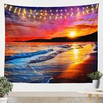 Sunset Tapestries Blue Ocean Tapestry Wall Art Hawaii Beach Wall Hangings Art for Boys Girls Youth,Sea Wave Picnic Blankets Afterglow Scenery Bedroom Decor,Yellow Orange Purple Red