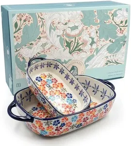 Polish Pottery Style Ceramic Baking Dish Set, 2-Piece Casserole Bakers for 2–3 People, Floral Decorative Bakeware, Oven Safe Lasagna Pan, Microwave Dishwasher Safe, Gift-Ready, Protective Packaging