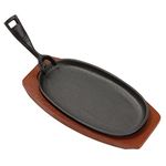 Vogue F464 Cast Iron Oval Sizzler With Wooden Stand, Black