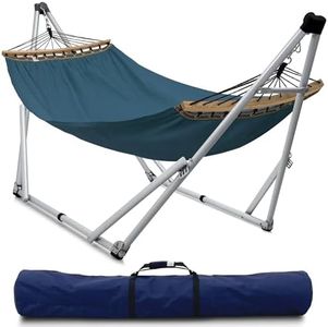 Tranquillo Ultimate Relaxation Portable Hammock Stand, Foldable Hammock Stand with Canvas Hammock, Spreader Bar, Quick Fold Unfold in 30 Seconds Steel Frame Hammock 600 lbs Capacity, White/Blue