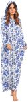 Ekouaer Robe for Women Zipper Robe Loungewear Full Length Sleepwear Pockets Housecoat Casual Straight Robe White Blue Flower,Medium