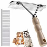 ChicRosa Dog Rake for Undercoat Long Tooth Dogs Comb, Rake Brush+Stainless Steel Shedding Comb, Husky Undercoat Rake Grooming Tool Set for Big Dog Horse Longhair Cat (Beige)