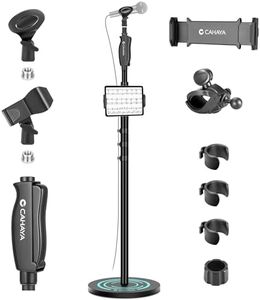 CAHAYA Microphone Stand Floor Universal - Metal Mic Stand with Weighted Round Heavy Base Mic Stands Adjustable Height with Phone Holder Mic Floor Stand with 2 Mic Clips and 3/8'' to 5/8'' Adapter