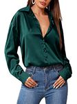 Hotouch Women's Satin Silk Long Sleeve Button Down Shirt Dark Green