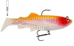 FISHN Pike Lure TROUTY 12cm, 38g, Soft Lure, Softbait with Jig Head Hook and Treble Hook and Removable Soundbar/Rattle - Bait for pike fishing (Gold Fish)