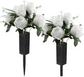 bocola Cemetery Flowers for Grave-Cemetery Vase with White Silk Artificial Rose for Grave Decor-2 Sets of Memorial Flowers Suitable for Funeral Arrangements