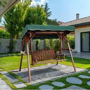 Kybolt Patio Swing with Stand,2 Seater Wooden Patio Swing with Canopy,Outdoor Swing Chair for Garden Poolside Backyard Deck