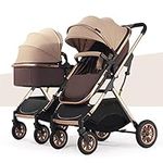 Double Stroller for Toddlers Side by Side,Two-Way Baby Stroller Twins Pushchair-Detachable,High Landscape Seat and Adjustable Canopy (Color : Khaki)