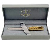 Parker Urban Premium Metal Fountain Pen | Aureate Gold Powder with Intricate Engraved Pattern | Gold Trims | Medium Nib | Black Ink | Luxury Gift Box