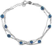 MYSTIC JEWELS by Dalia - 7,5 inches Silver Evil Eye Bracelet on Triple Chain with Small Eyes - Good Luck Bracelet, 7 5 inch, Glass