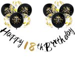 Girls Boys Happy 18th Birthday Banners Black 18th Birthday Banner Bunting Black Gold Including 12 Pack 12” Latex Printed Balloons Women Men 18 Birthday Decorations Supplies