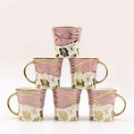 Femora Premium Pink Gold Line Flowers Ceramic Coffee & Tea Cup Set of 6, 160 ML, Pink