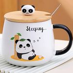 BonZeal Ceramic Birthday Gift for Kids Children Sleeping Panda Mug with Lid and Spoon Printed Design Tea Coffee Cup Gift for Birthday, Mugs for Coffee, Gift for Friend, Gift for Panda Lovers 400 ml