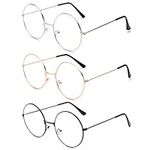 NETUME 3 Pairs of Metal Glasses - Round Clear Lens Glasses, Blue Light Blocking Fake Eye Glasses Fashion Retro Face Glasses Frame, Circle Vintage Eyeglasses for Men and Women (Black, Gold, Silver)